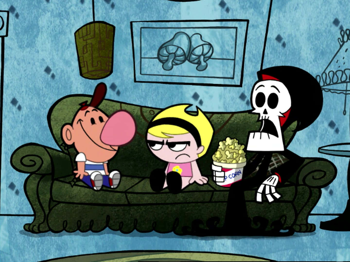Billy, Mandy, and Grim standing together in a spooky graveyard in The Grim Adventures of Billy&Mandy Wallpaper