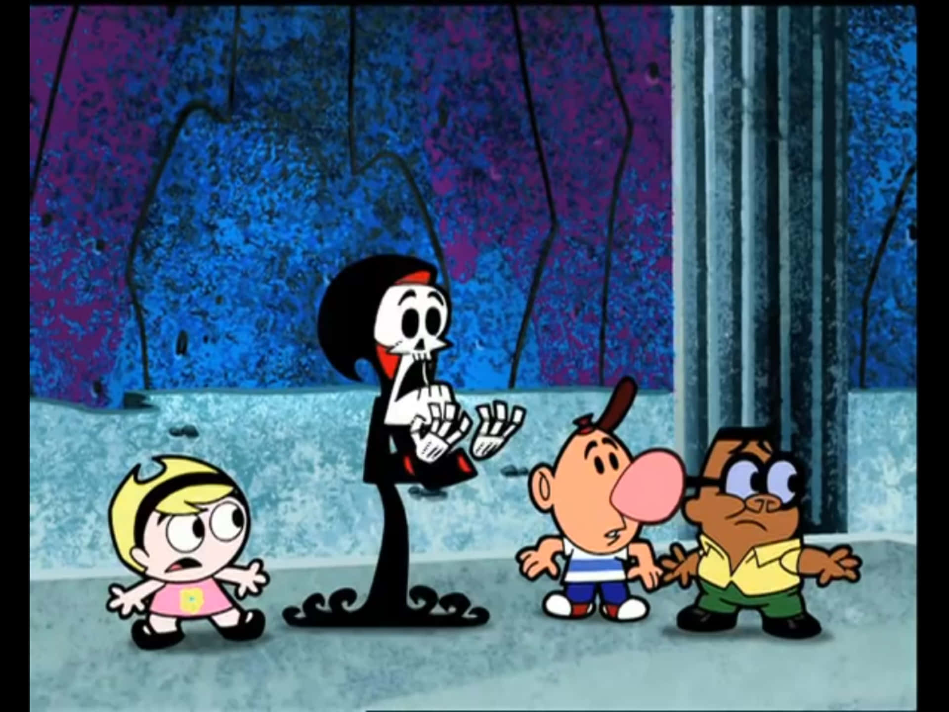 Grim Reaper, Billy, and Mandy in an adventurous scene from The Grim Adventures of Billy and Mandy Wallpaper