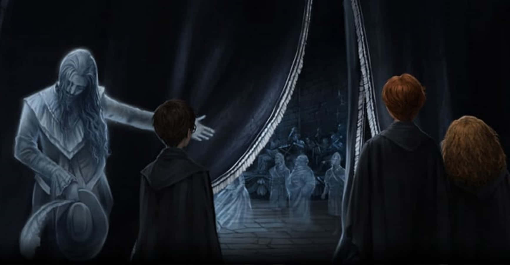 Tresfantasmas De Hogwarts: El Fraile Gordo, Casi Decapitado Nick Y El Baron Sanguinario. Fondo de pantalla