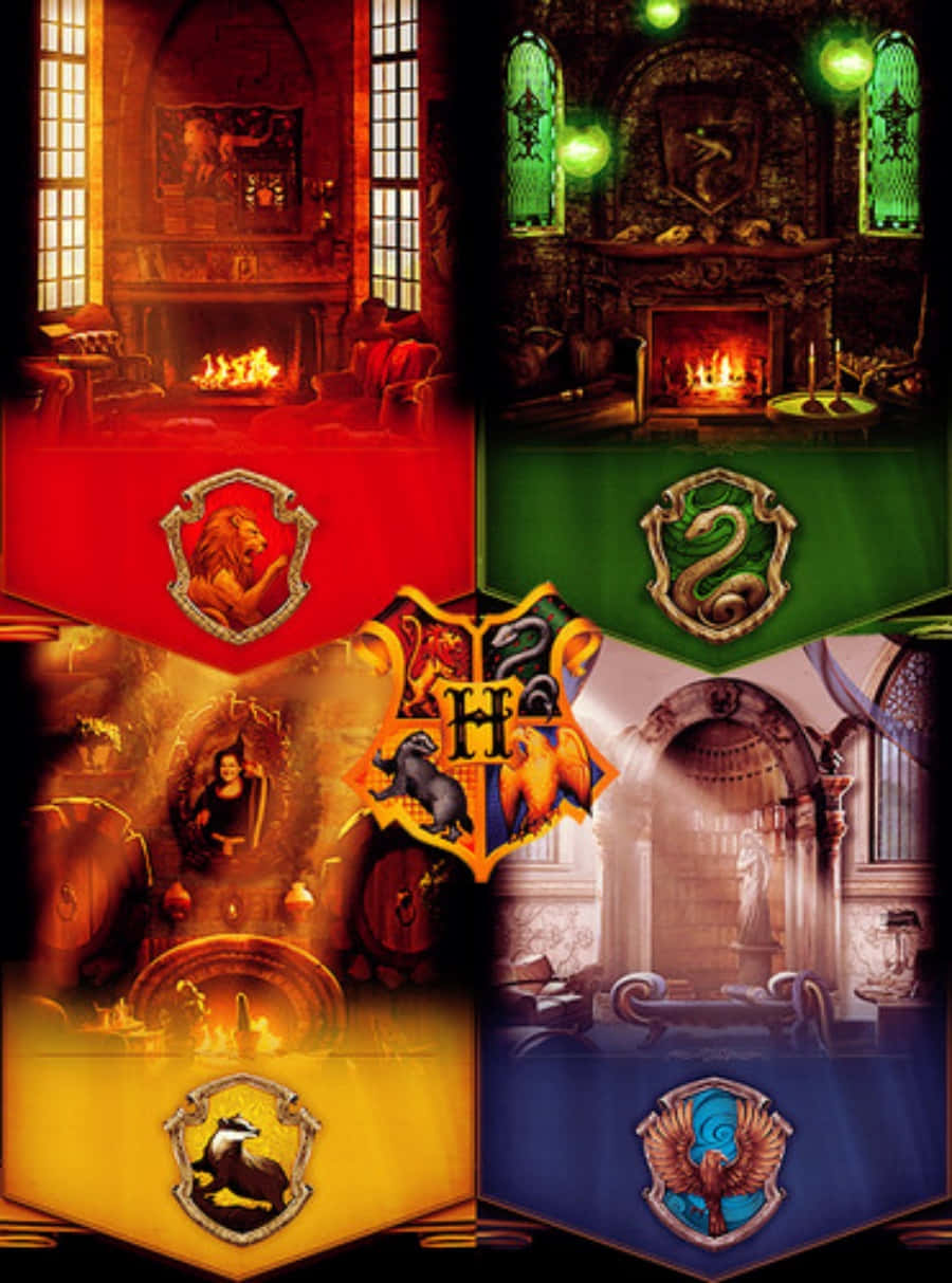 Surround yourself with friends from the distinctive Hogwarts Houses Wallpaper