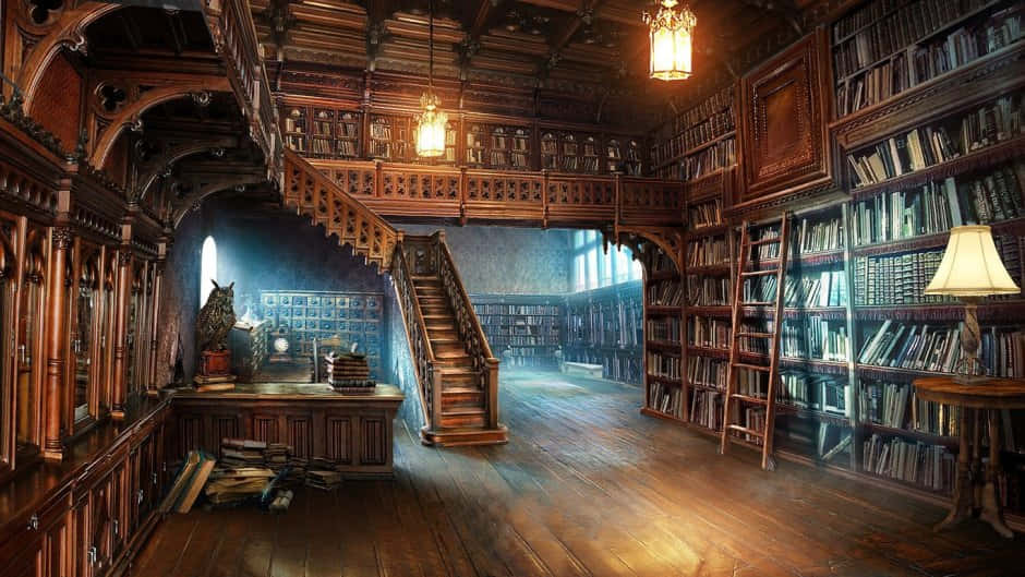 Exploring the Halls of the Hogwarts Library Wallpaper