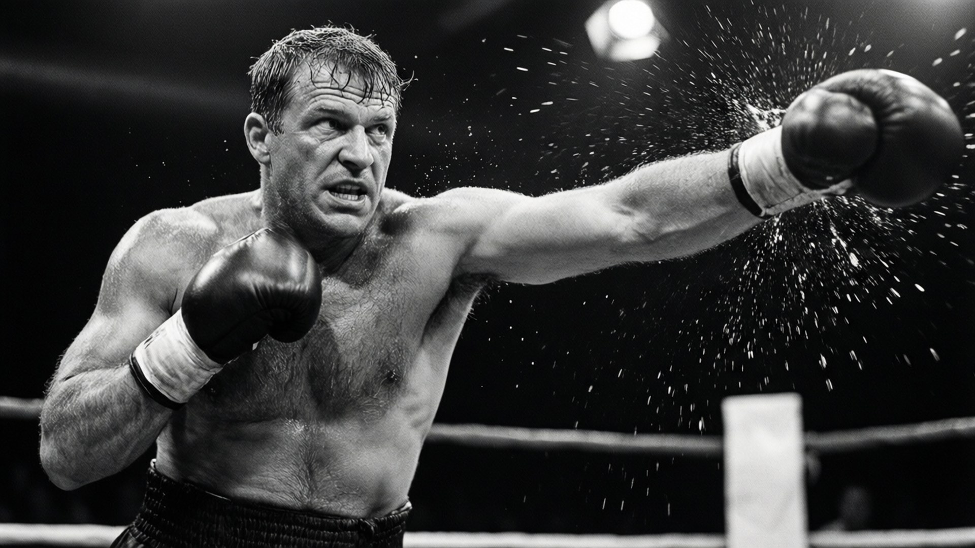 Bobo Olson landt een krachtige rechterhaak in de ring, zwart-witfotografie.