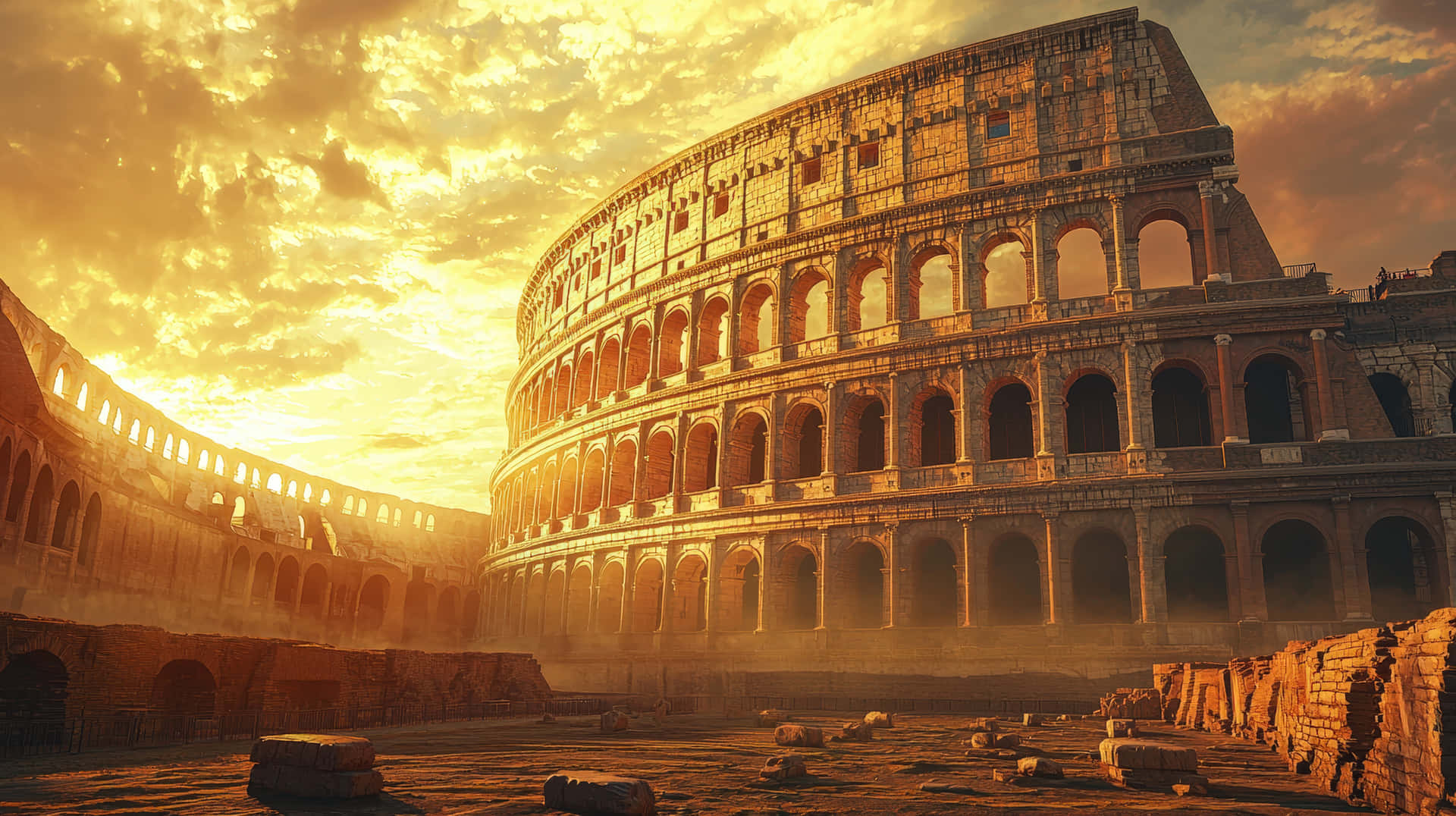 The Iconic Colosseum In Rome, Bathed In Golden Sunset Light. Wallpaper