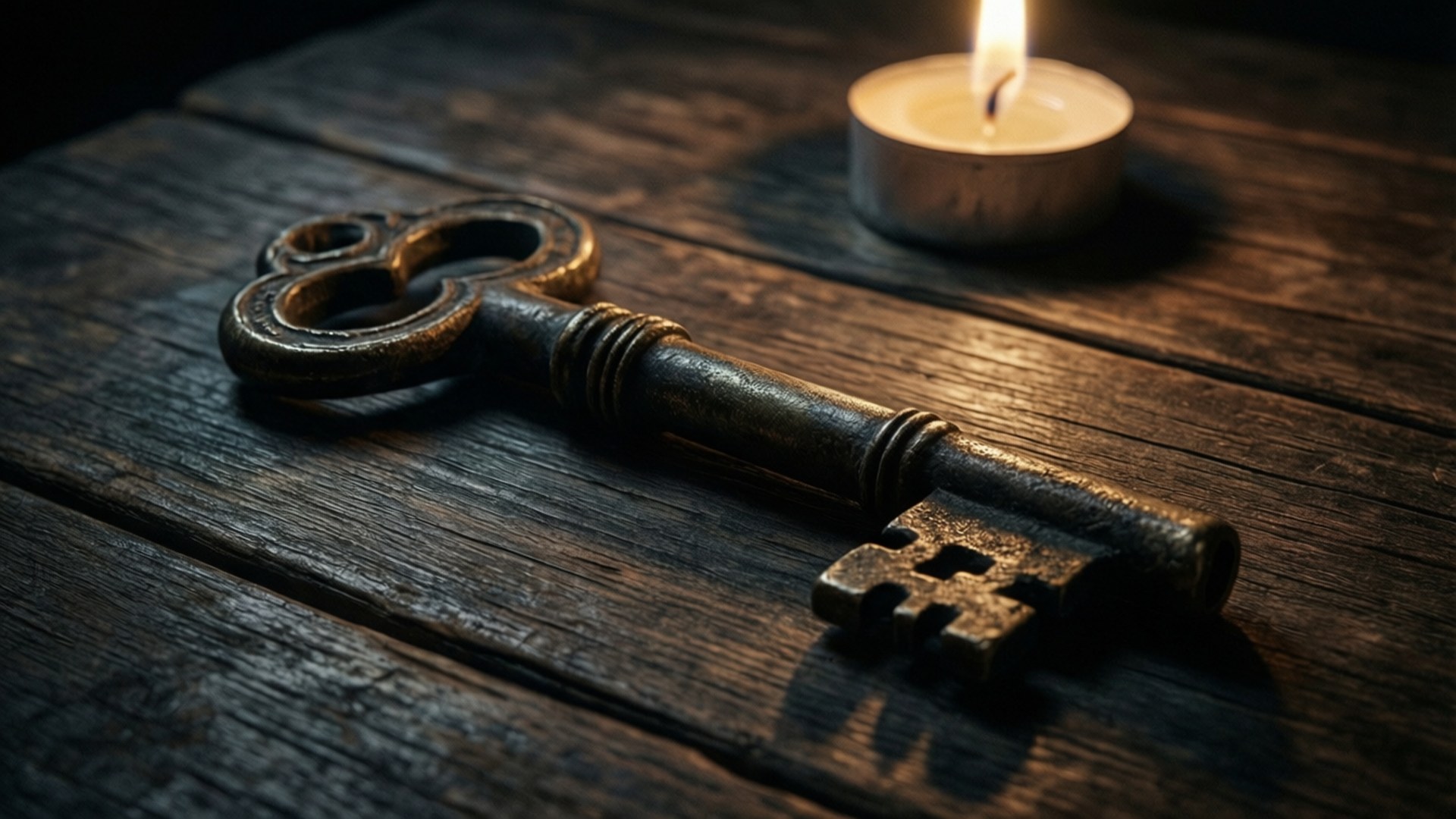 Mysterious close-up of an ancient key in dim candlelight