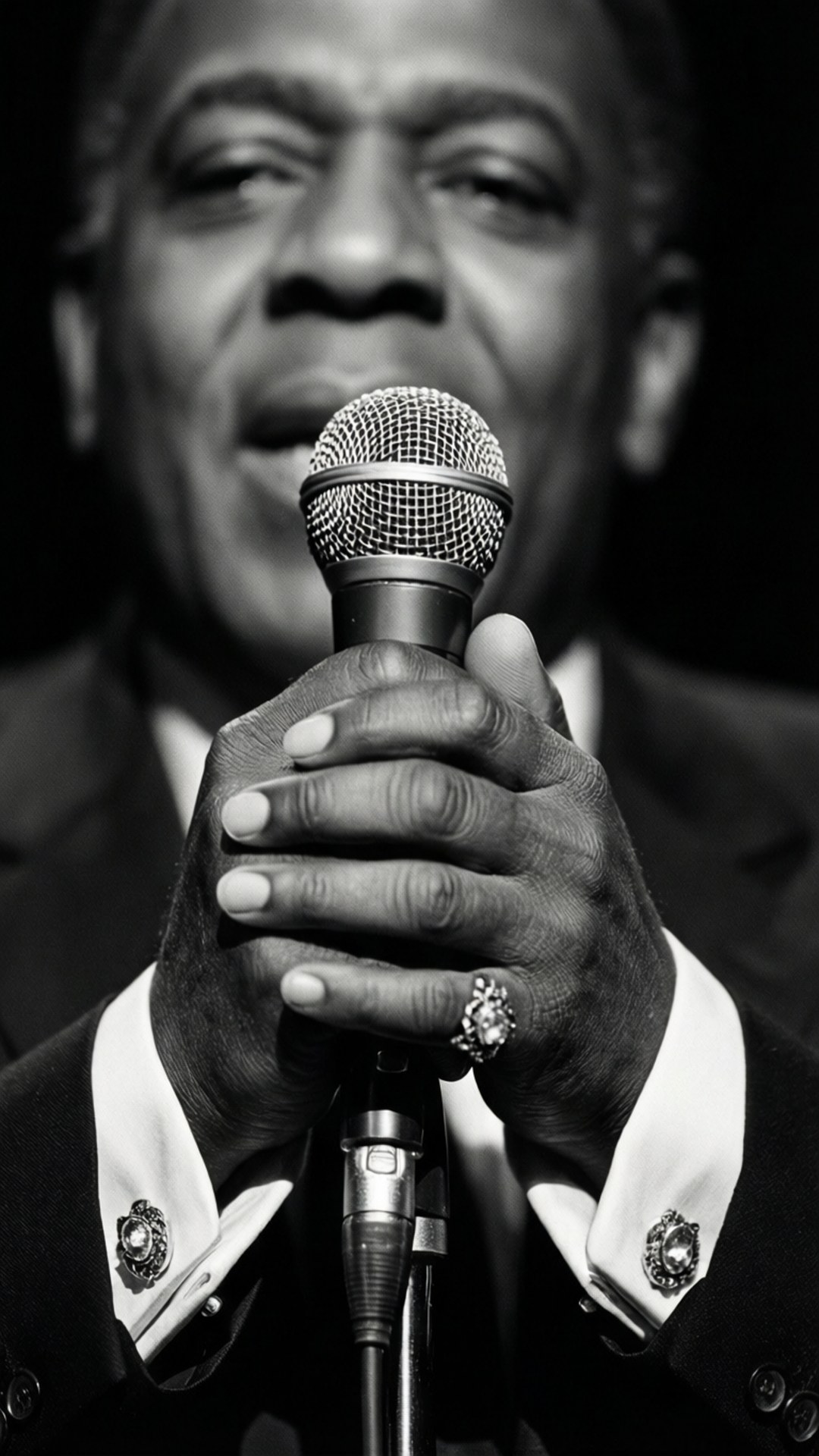 Close-up of Billy Eckstine's hands holding a microphone, monochrome
