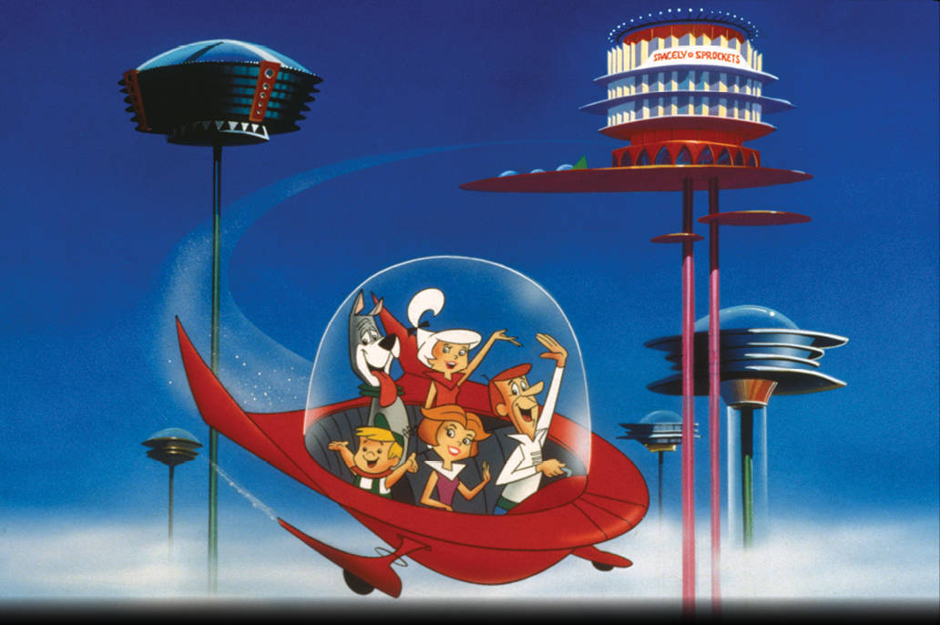 The Jetsons Riding Dark Red Space Car Wallpaper