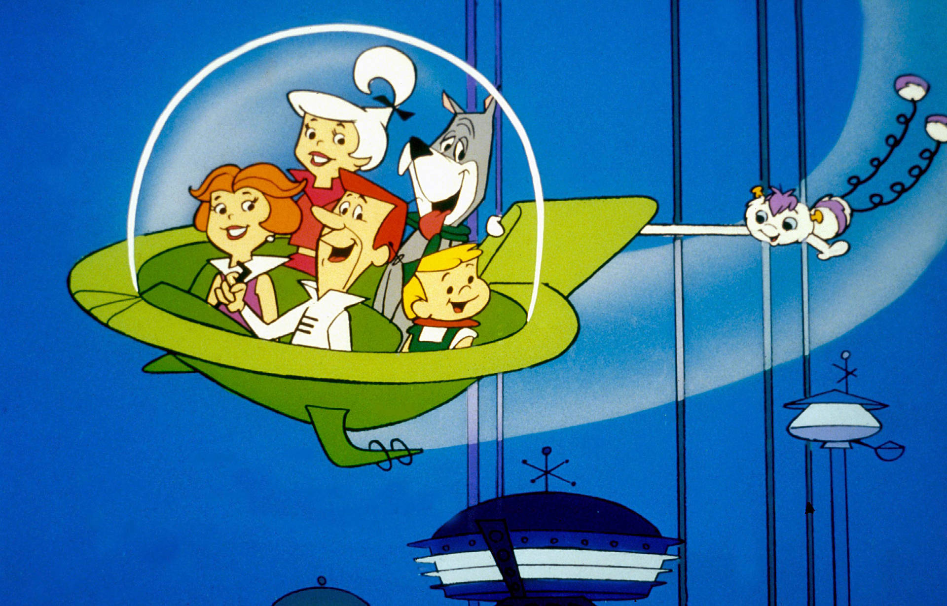 The Jetsons Riding Green Space Car Wallpaper