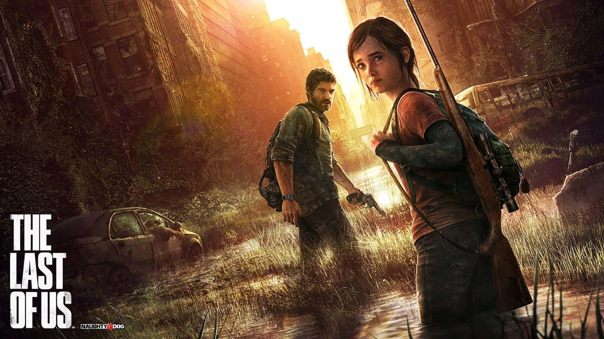 Ellie and Joel exploring an abandoned building in The Last of Us