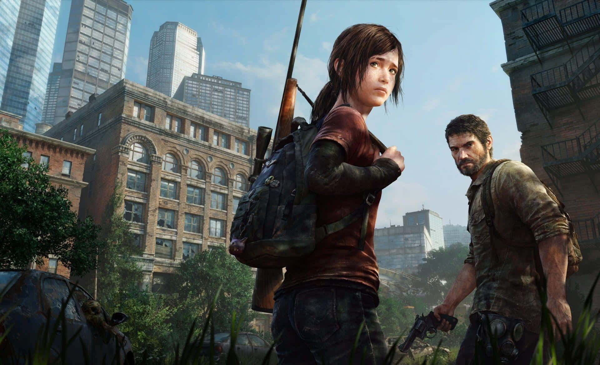 Ellie and Joel amid the post-apocalyptic world in The Last of Us