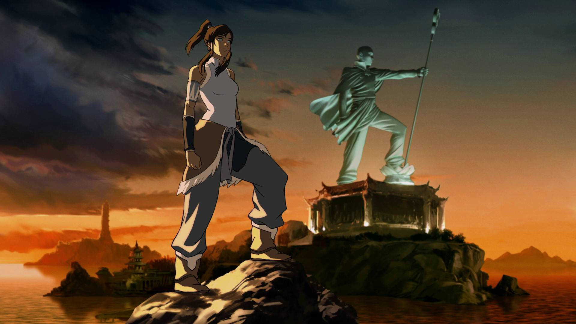 The Legend Of Korra With Aang Statue Wallpaper