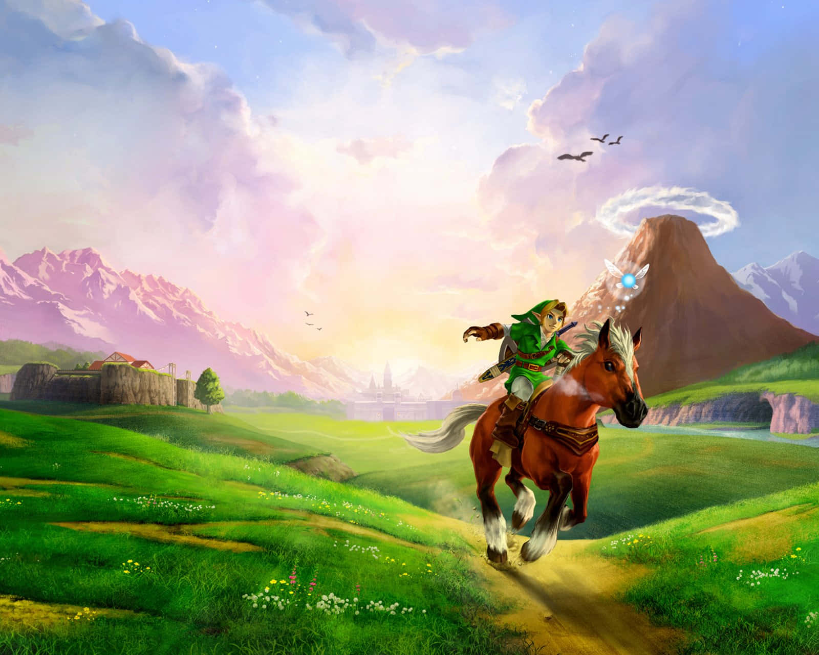 Link riding Epona through a magical forest in The Legend of Zelda Wallpaper