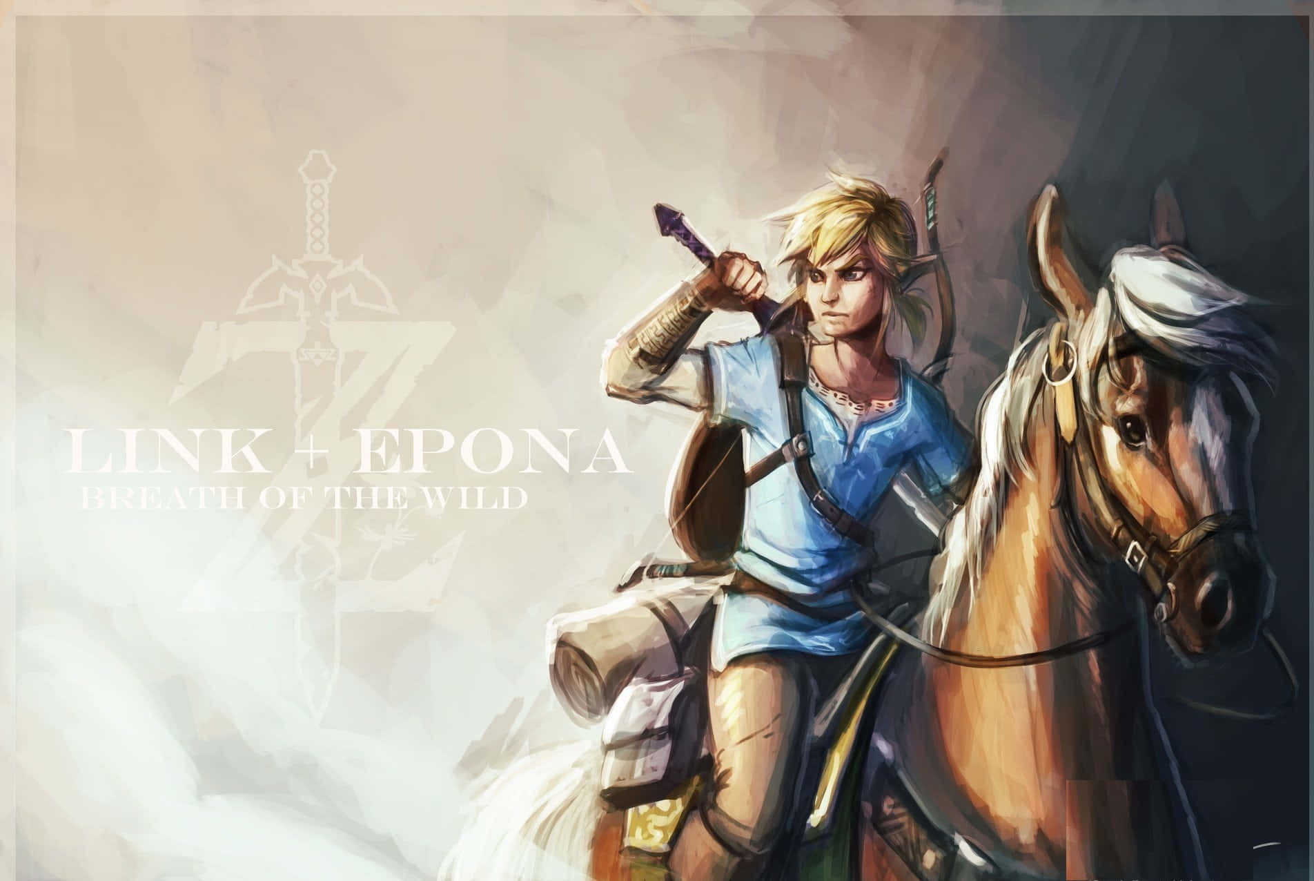 "Link riding Epona through a field in The Legend of Zelda" Wallpaper