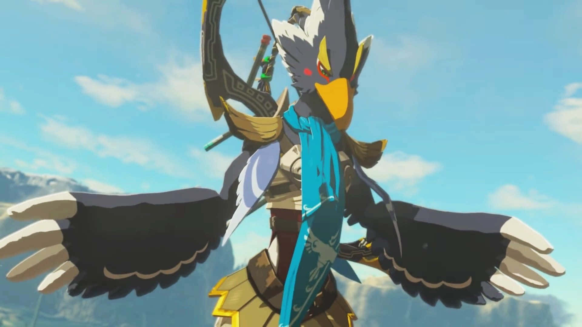 Revali, the legendary Rito Champion from The Legend of Zelda, posing heroically on a scenic mountain peak in The Legend of Zelda - Revali wallpaper. Wallpaper