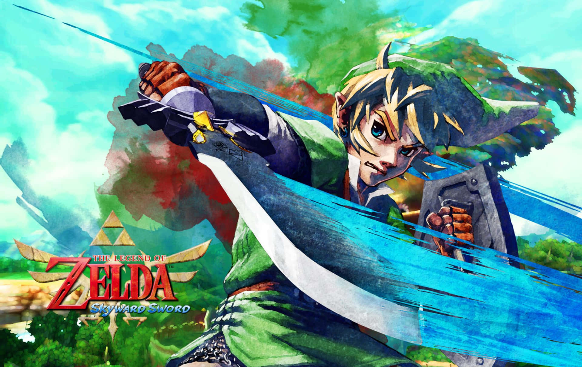 Linky Zelda Embarcándose En Una Aventura En El Vibrante Mundo De Skyward Sword Fondo de pantalla