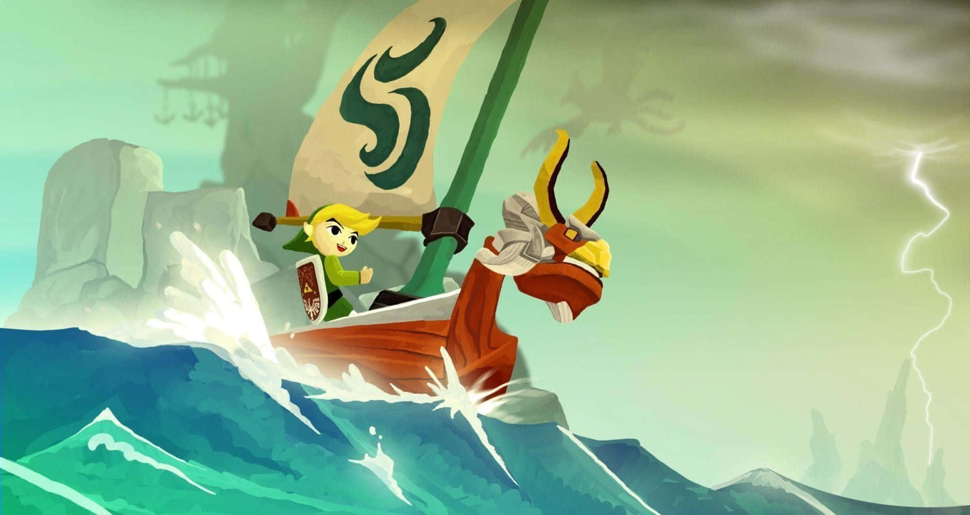Link and The King of Red Lions sail through the Great Sea in The Legend of Zelda: The Wind Waker Wallpaper