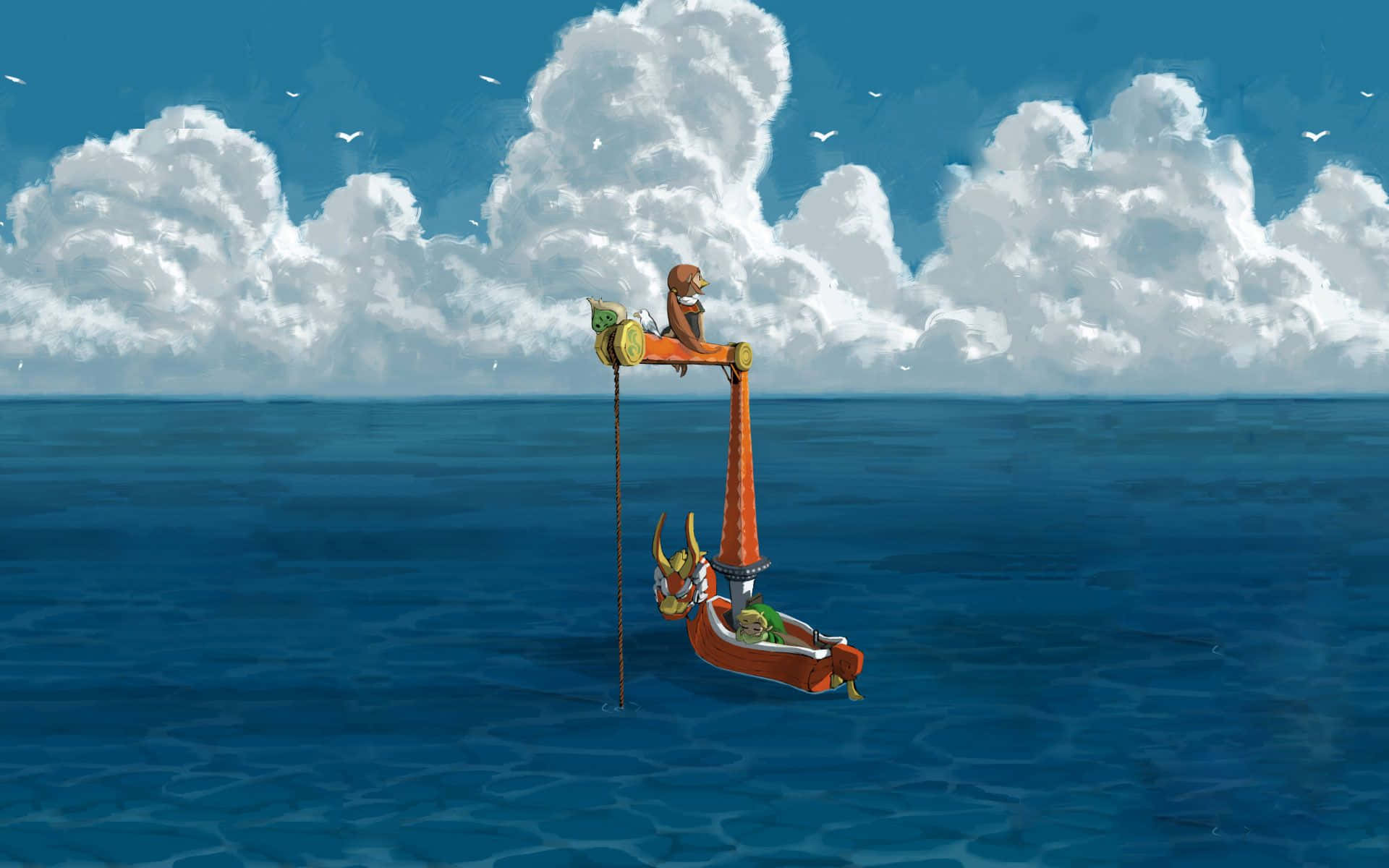 Link heroically sailing across the ocean in The Legend of Zelda: The Wind Waker. Wallpaper