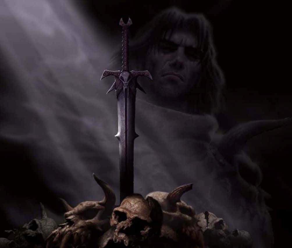 The Majestic Witcher's Sword Glinting Ominously In The Dimly Lit Backdrop. Wallpaper