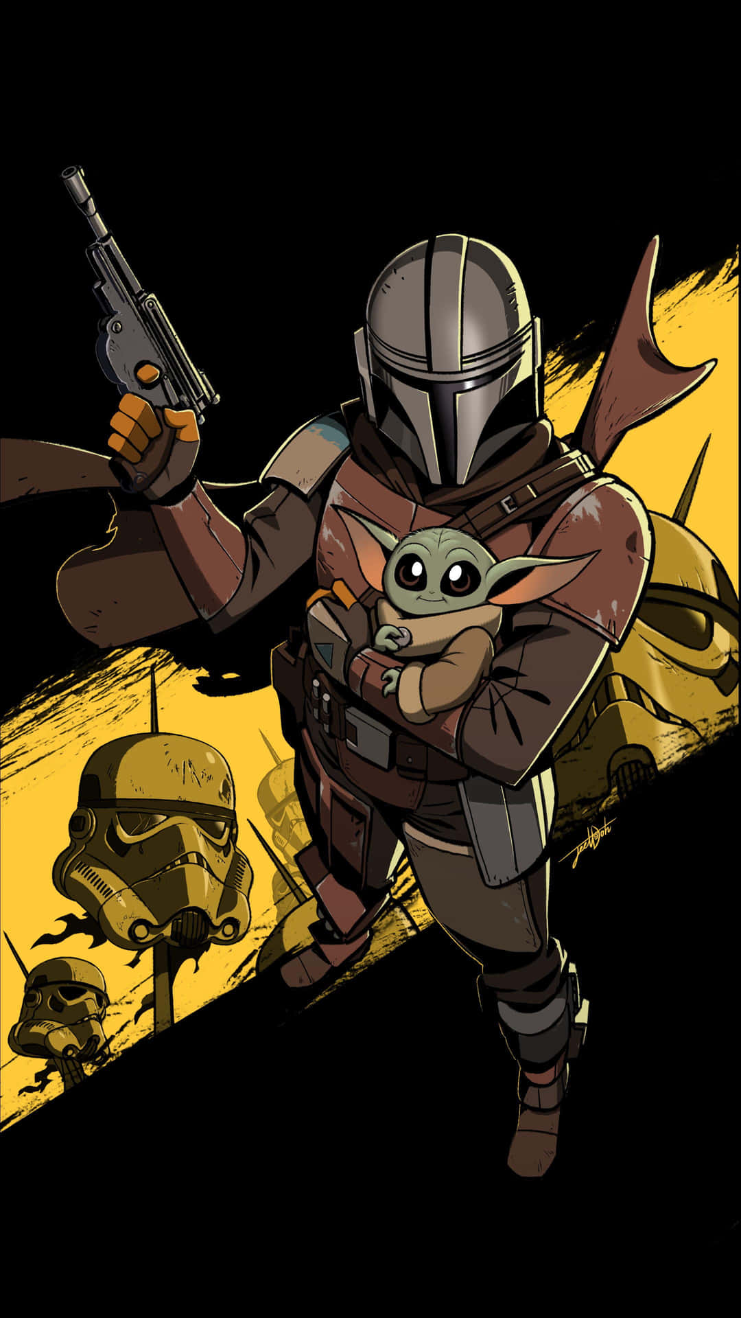 The Mandalorian with Baby Yoda in stunning universe backdrop