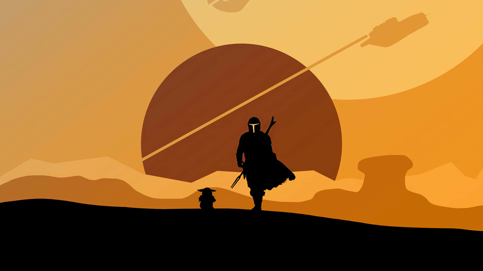 The Mandalorian traversing the alien desert landscape with his partner droid