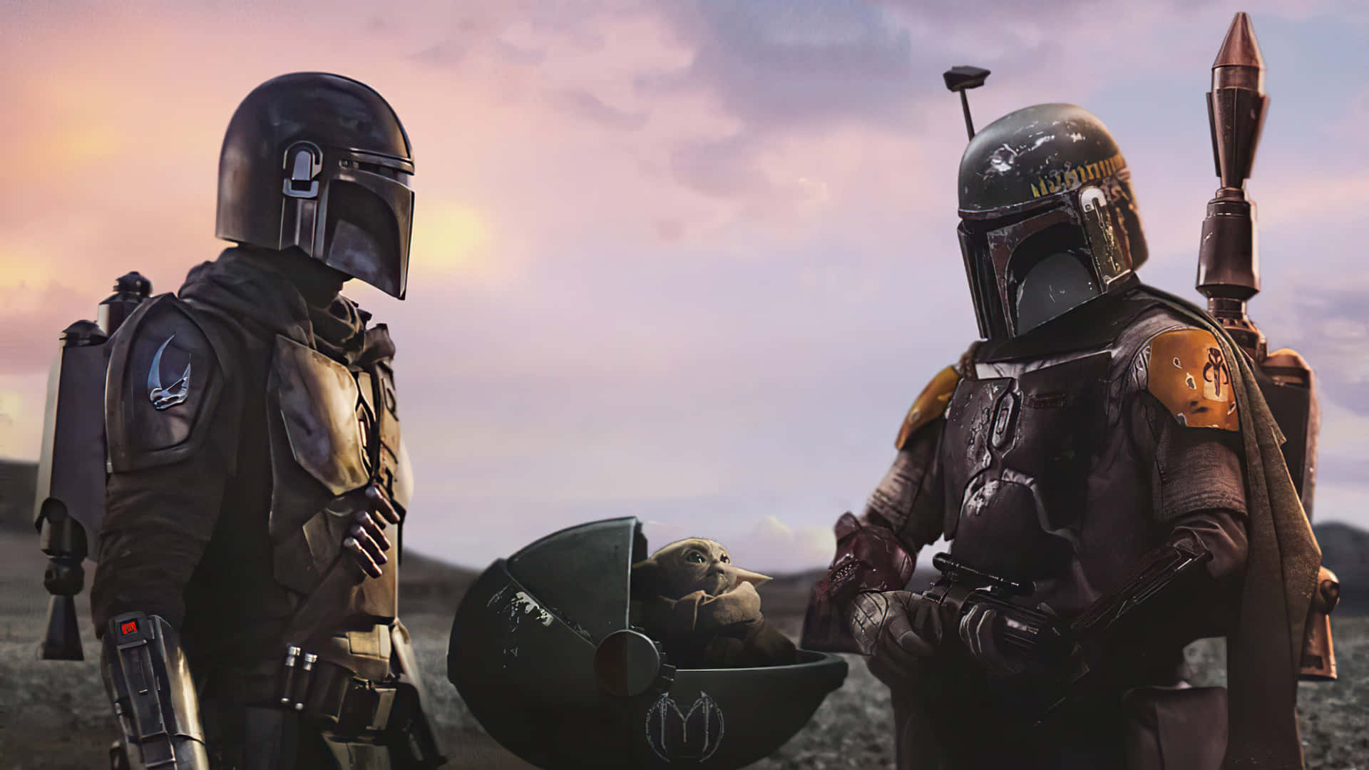 The Mandalorian and Baby Yoda in the wild landscapes of Nevarro
