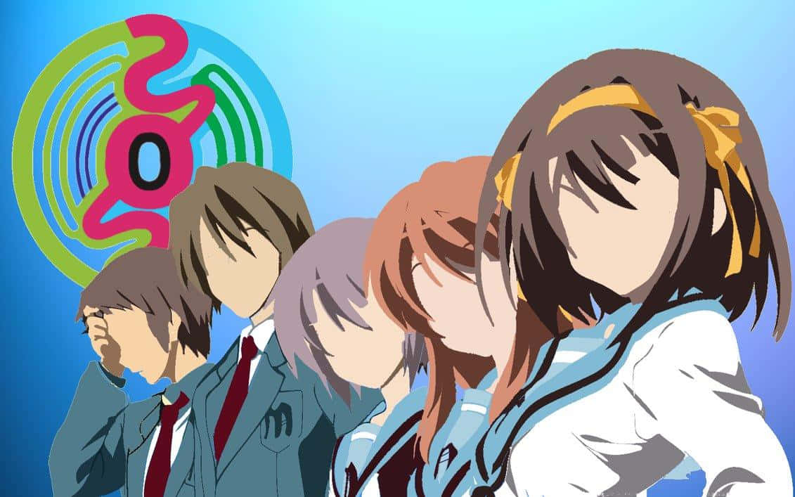 Haruhi Suzumiya and her friends from The Melancholy of Haruhi Suzumiya anime series, standing together under a beautiful sky Wallpaper