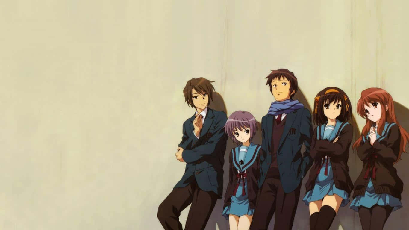Haruhi Suzumiya standing with her friends in front of the school and cherry blossoms Wallpaper