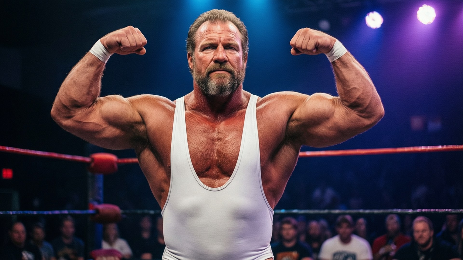 Rick Martel poserer i ringen i sin hvide singlet med dramatisk belysning