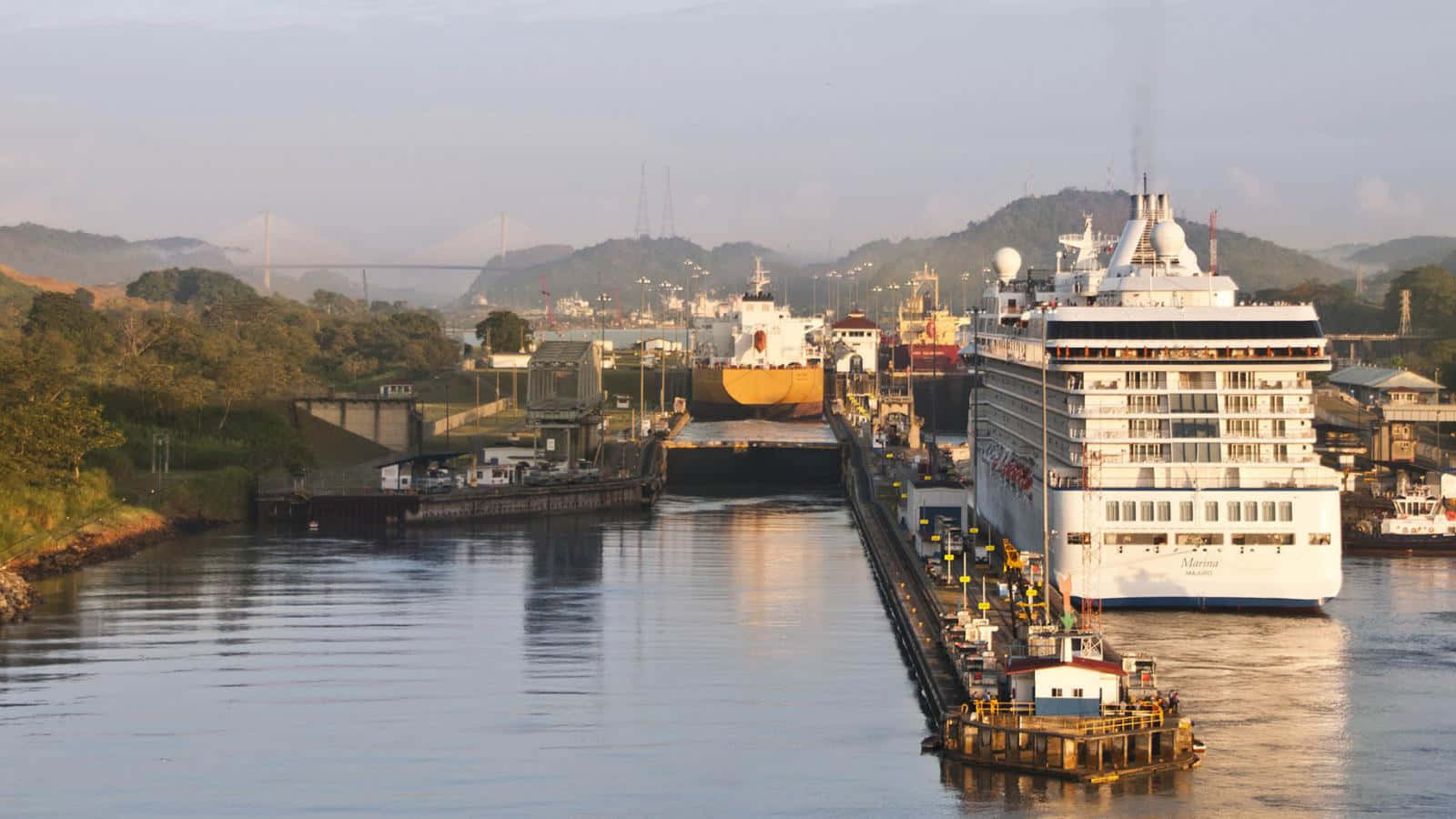 Panamakanalenmed Ett Vitt Kryssningsfartyg Wallpaper