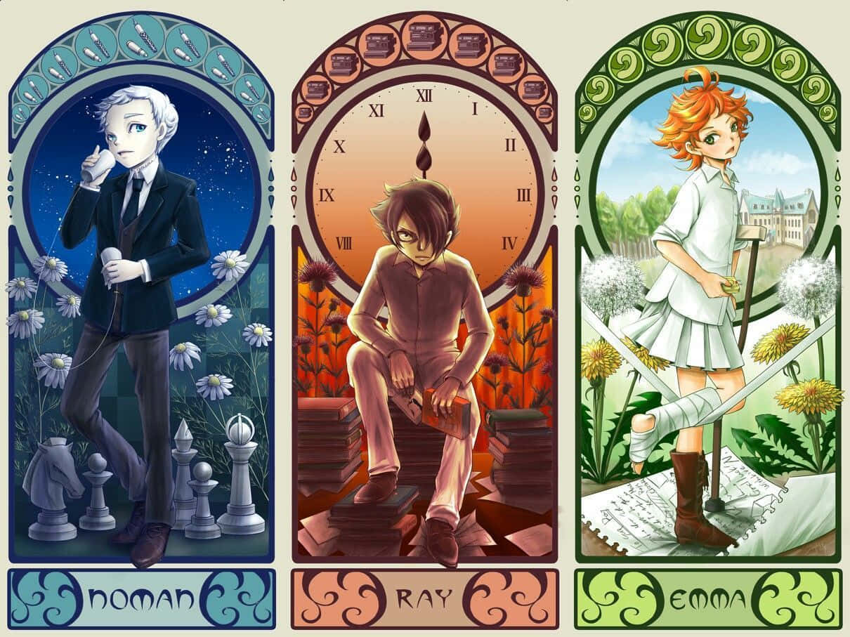 Emma, Norman, and Ray from The Promised Neverland exploring the forest together.