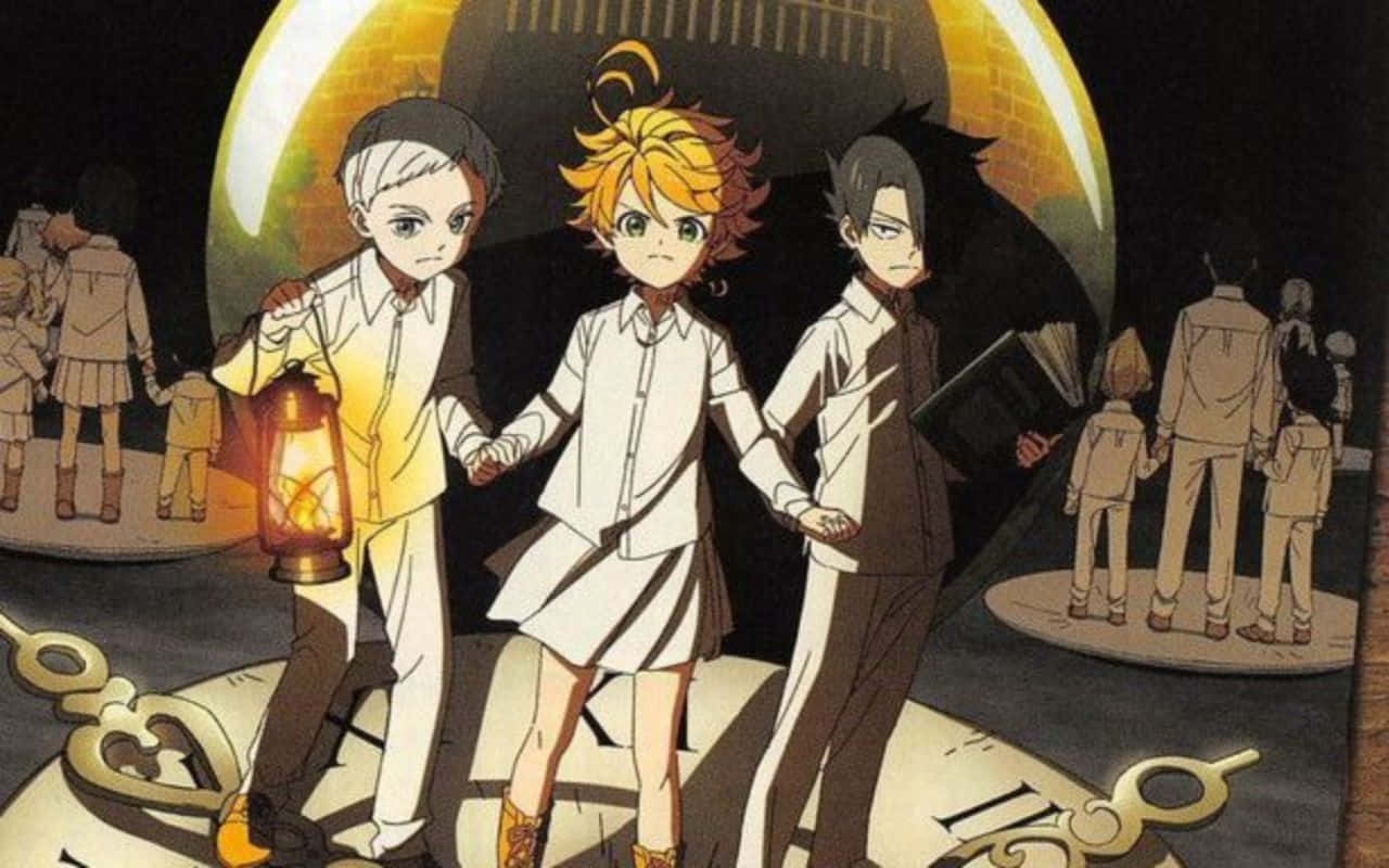 The main characters of The Promised Neverland anime standing together in the garden.
