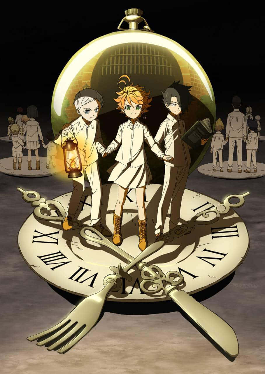 The Promised Neverland characters Emma, Norman, and Ray in a dramatic scene