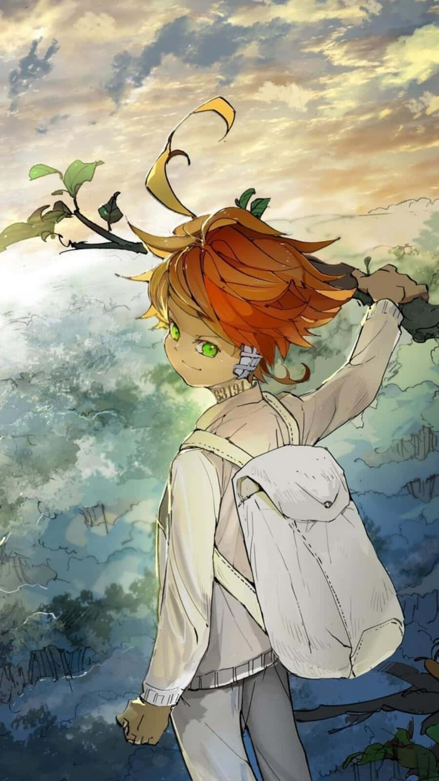 The Promised Neverland's Emma standing courageously in a mysterious forest Wallpaper