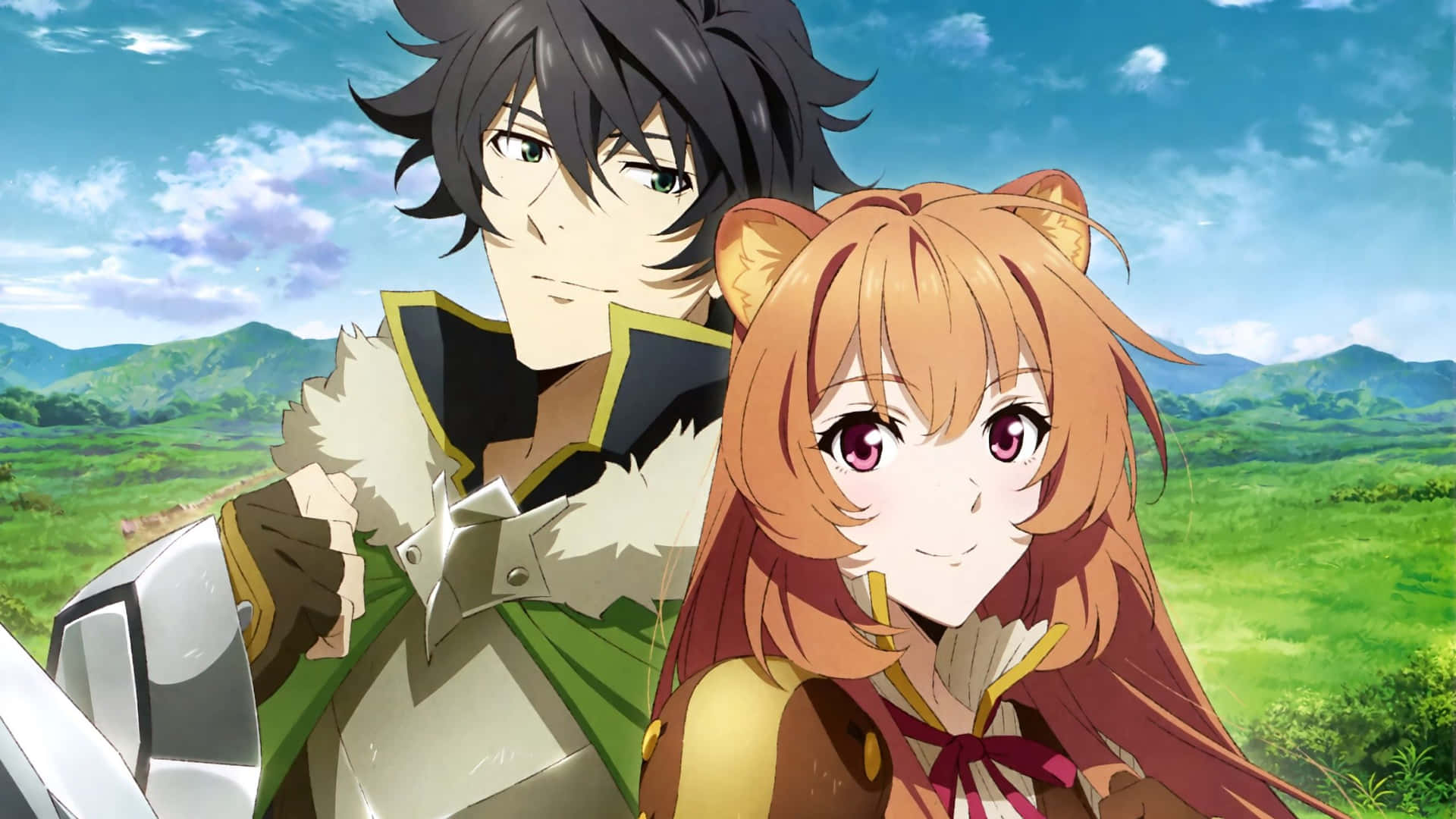 The Rising of the Shield Hero - Naofumi and his companions against a beautiful sunset