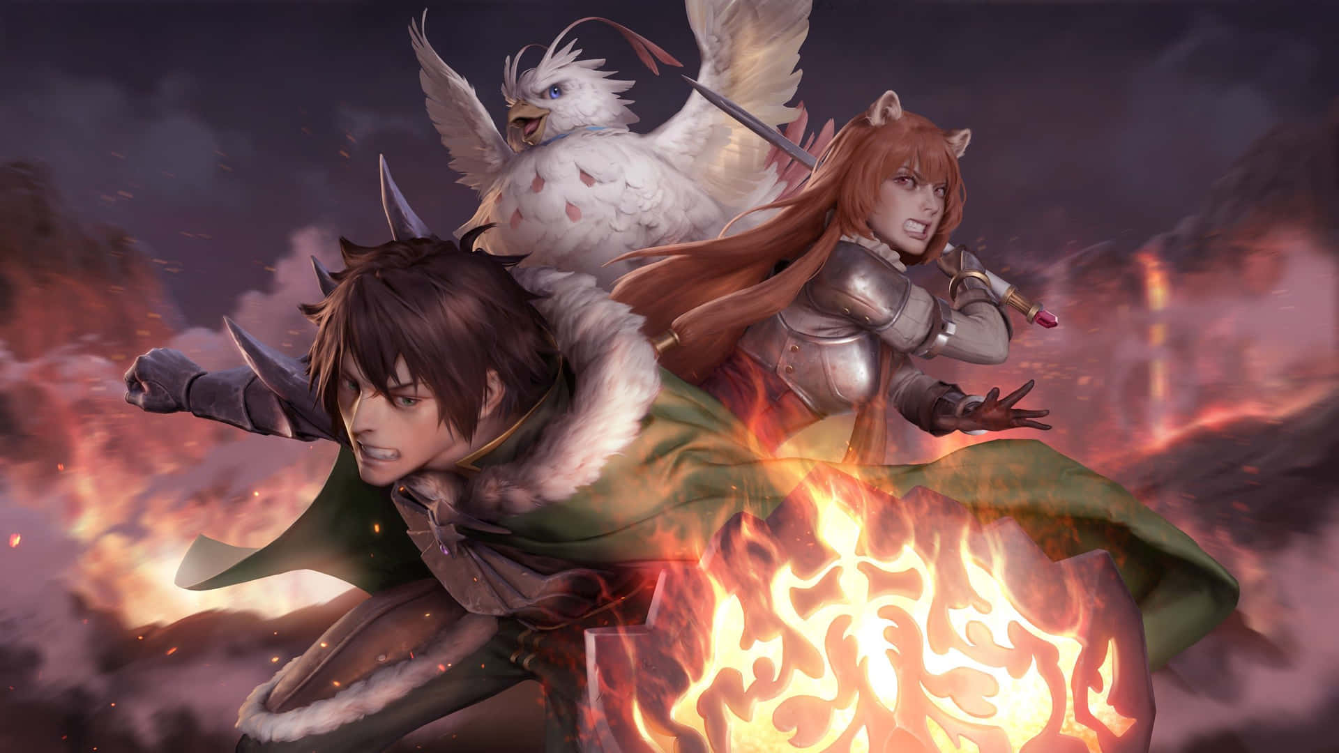 Naofumi Iwatani, the Shield Hero, and his companions in a dynamic pose