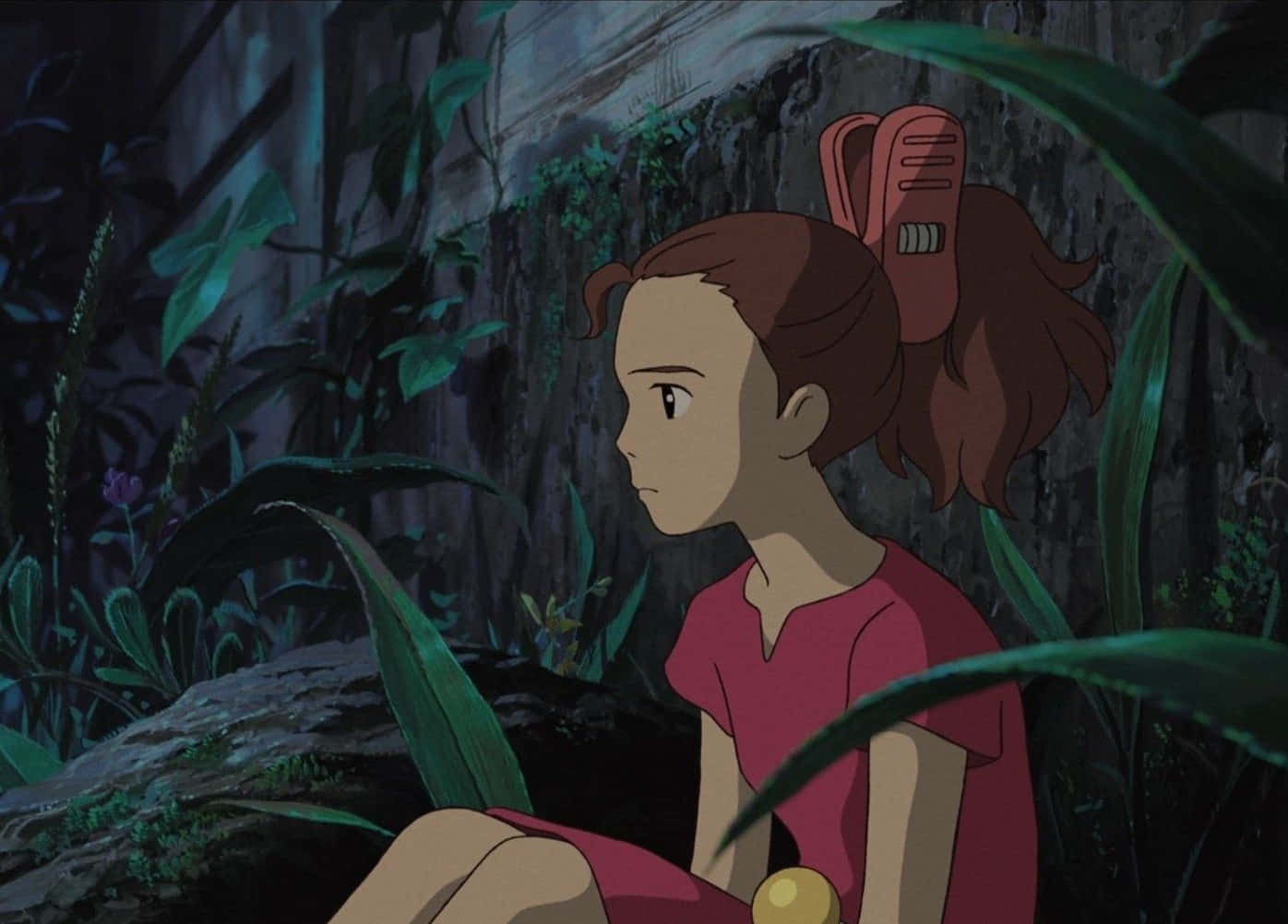 Arrietty sitting with a giant leaf umbrella in an enchanting garden Wallpaper