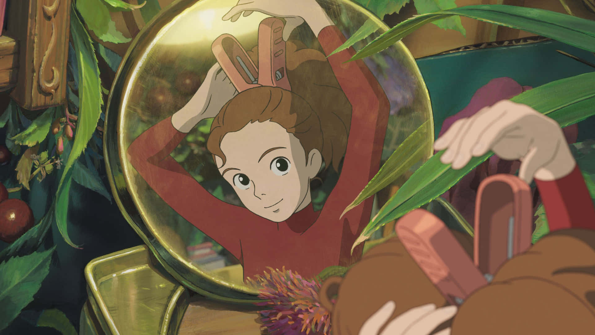 Arrietty and her family in a beautiful garden scene. Wallpaper