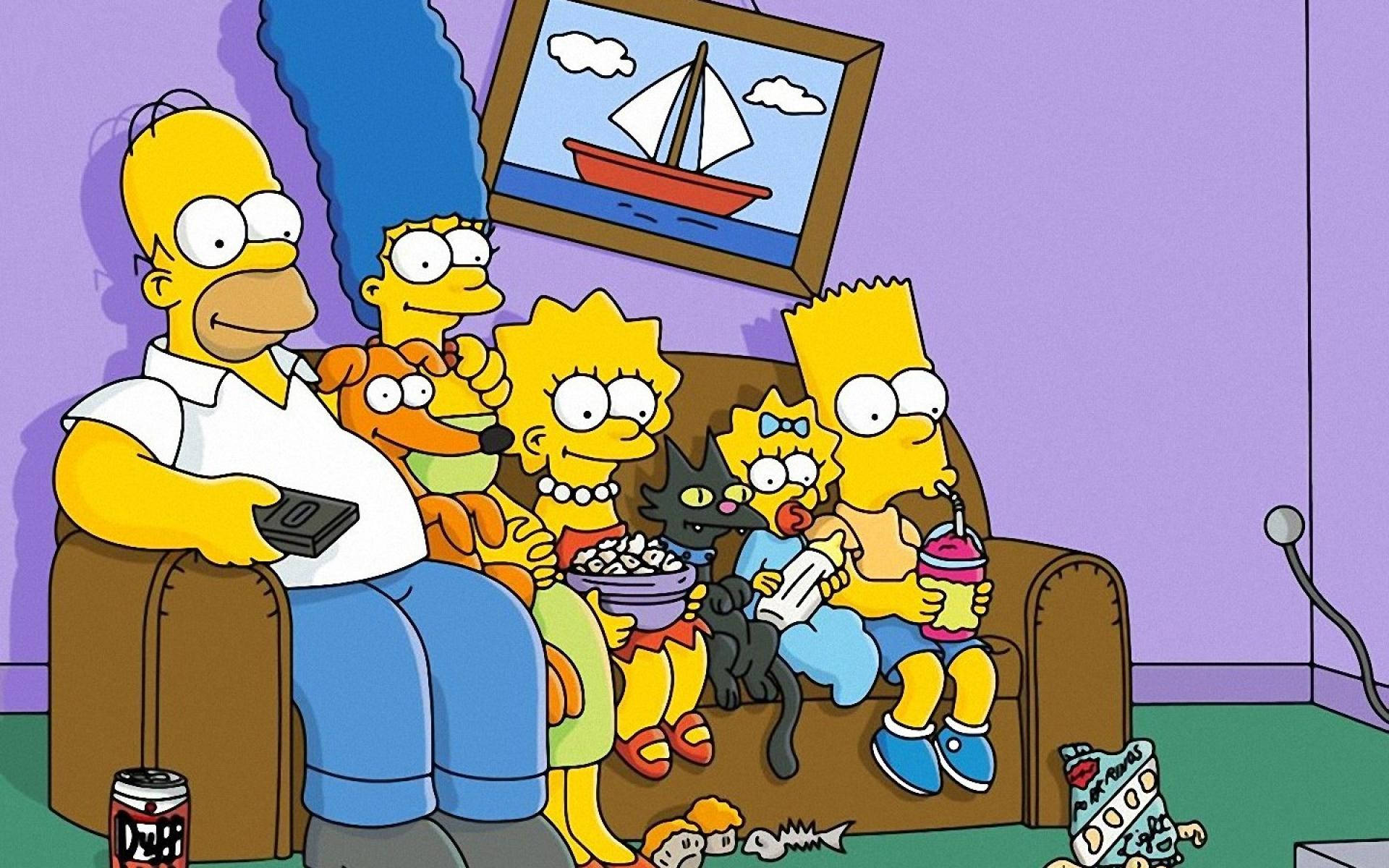 The Simpson Family amicably watching TV in The Simpsons Movie. Wallpaper