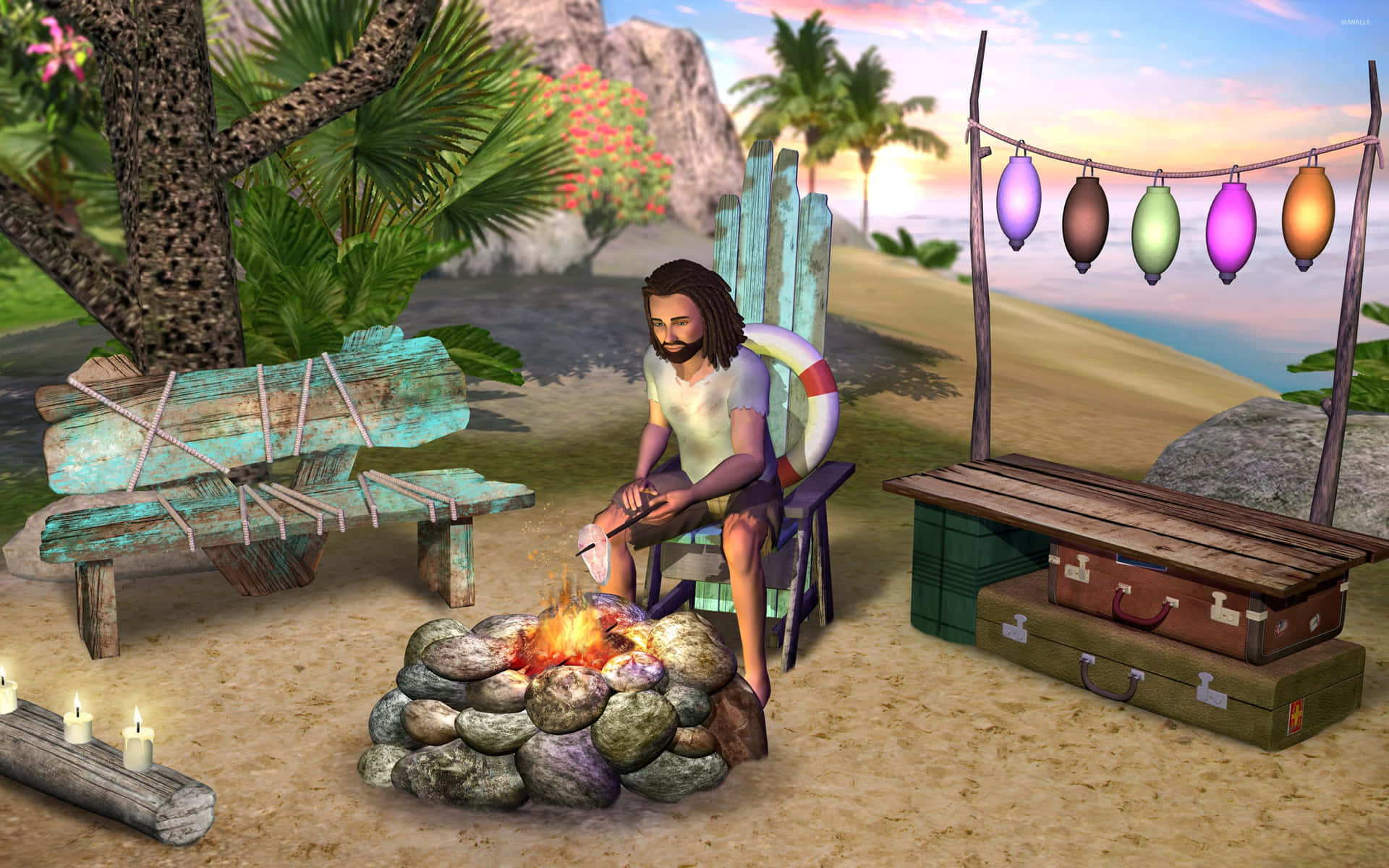En mand sidder ved en ild på stranden. Wallpaper