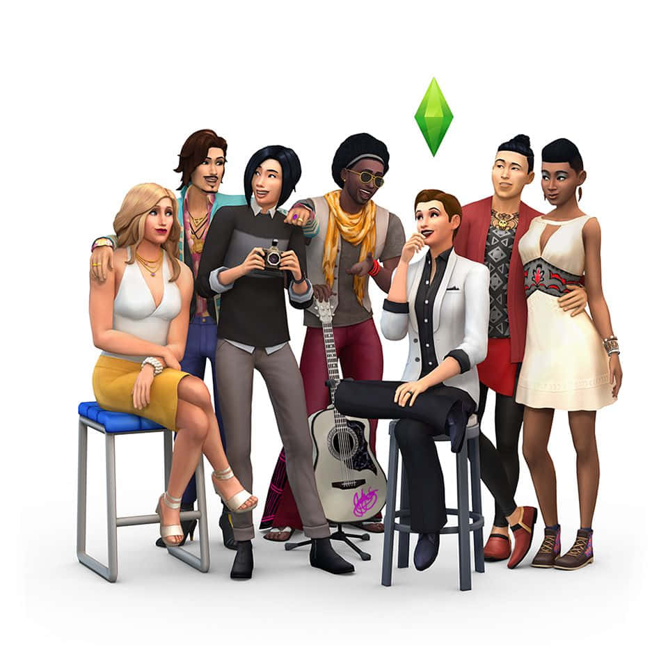 A group of lively Sims enjoying a vibrant day in the neighborhood. Wallpaper