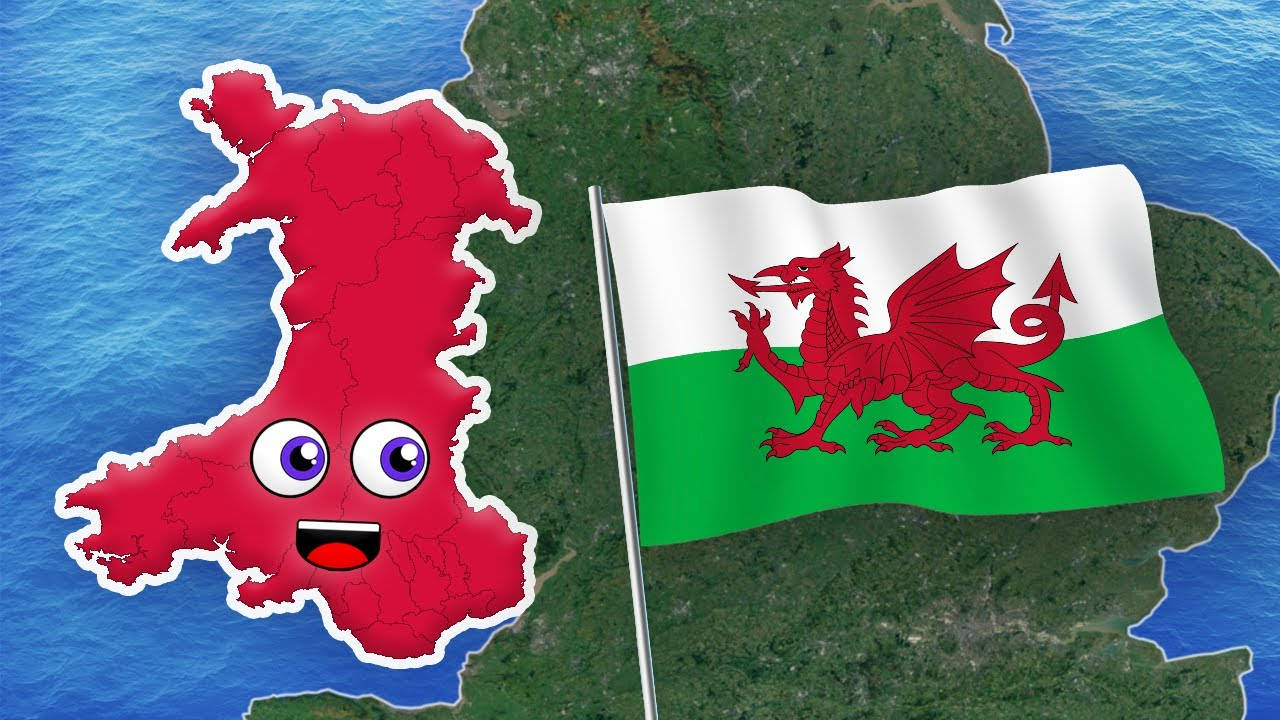 Unmapa De Gales Con Una Bandera Y Un Personaje De Dibujos Animados Fondo de pantalla