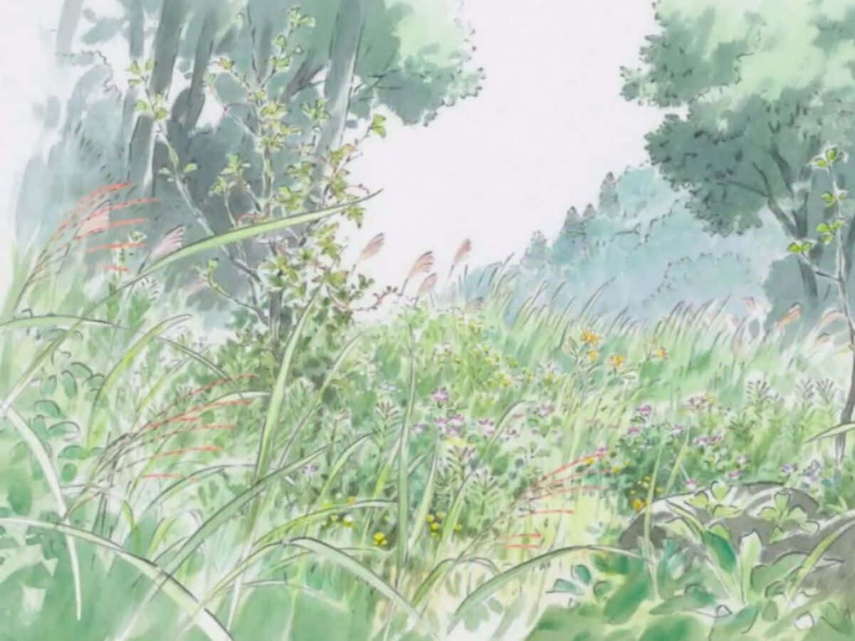 The Tale of The Princess Kaguya - Kaguya gently touching a flower in a mesmerizing forest. Wallpaper
