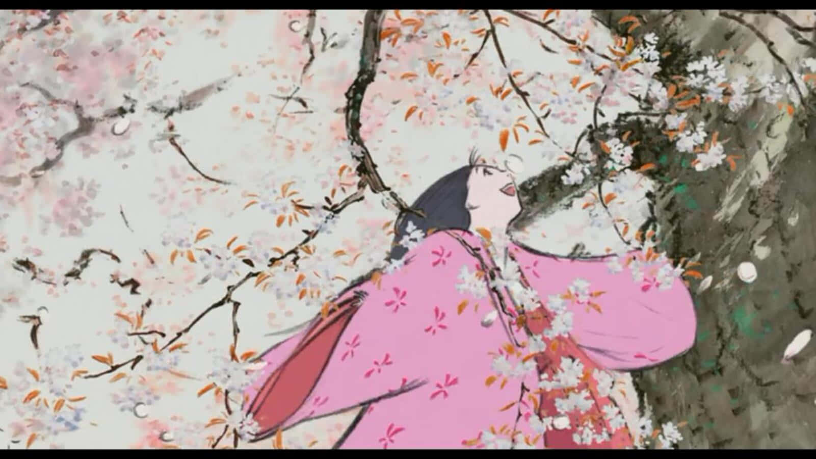 The beautiful Princess Kaguya gazes at the bright moon in a serene night. Wallpaper