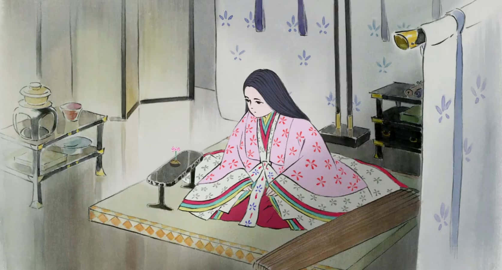 Portrait of Princess Kaguya in a scene from the animated film "The Tale of the Princess Kaguya" Wallpaper