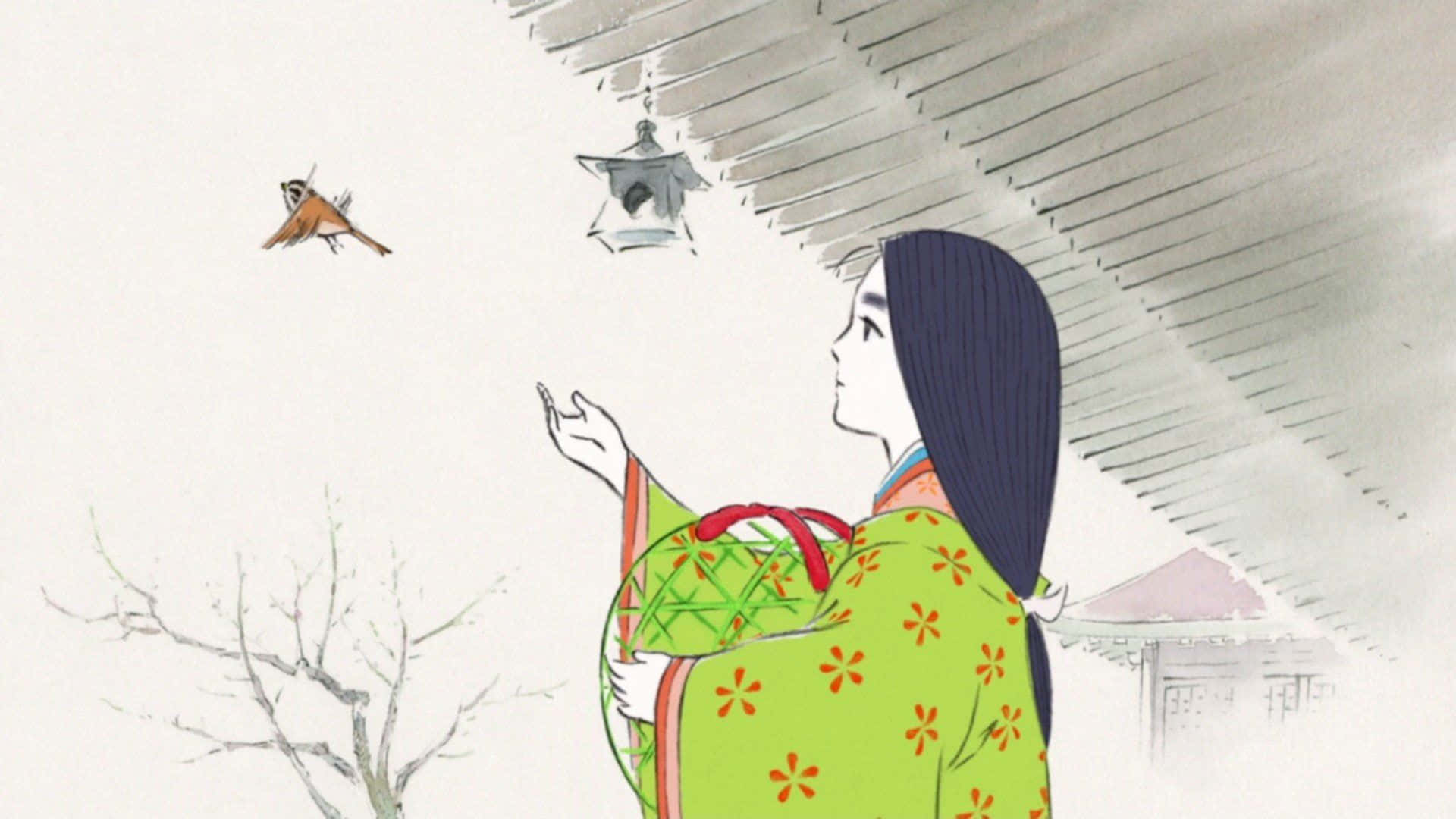 Elcuento De La Princesa Kaguya: Los Personajes Principales En Una Hermosa Escena. Fondo de pantalla
