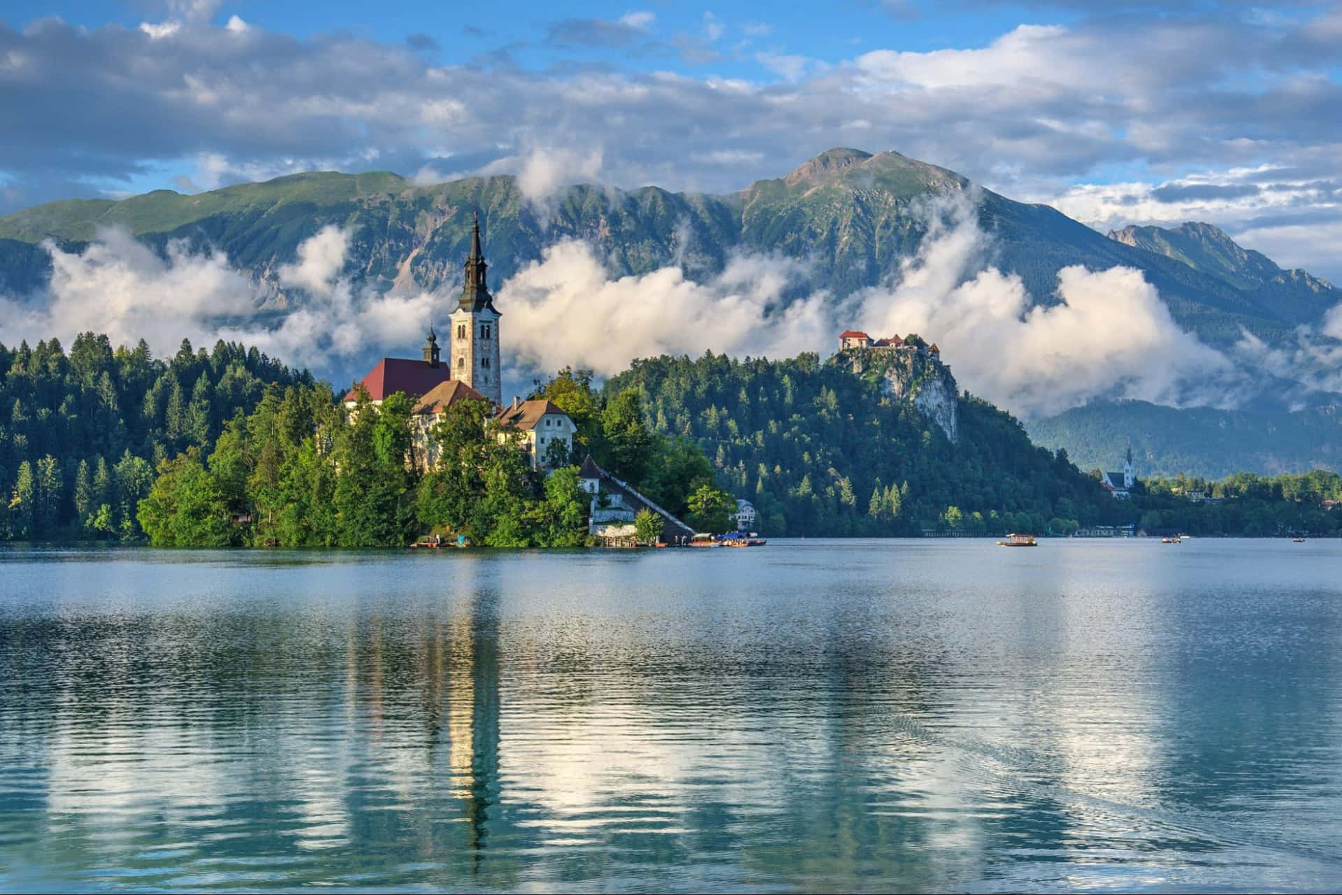 The Turret Of The Church In Lake Bled Wallpaper