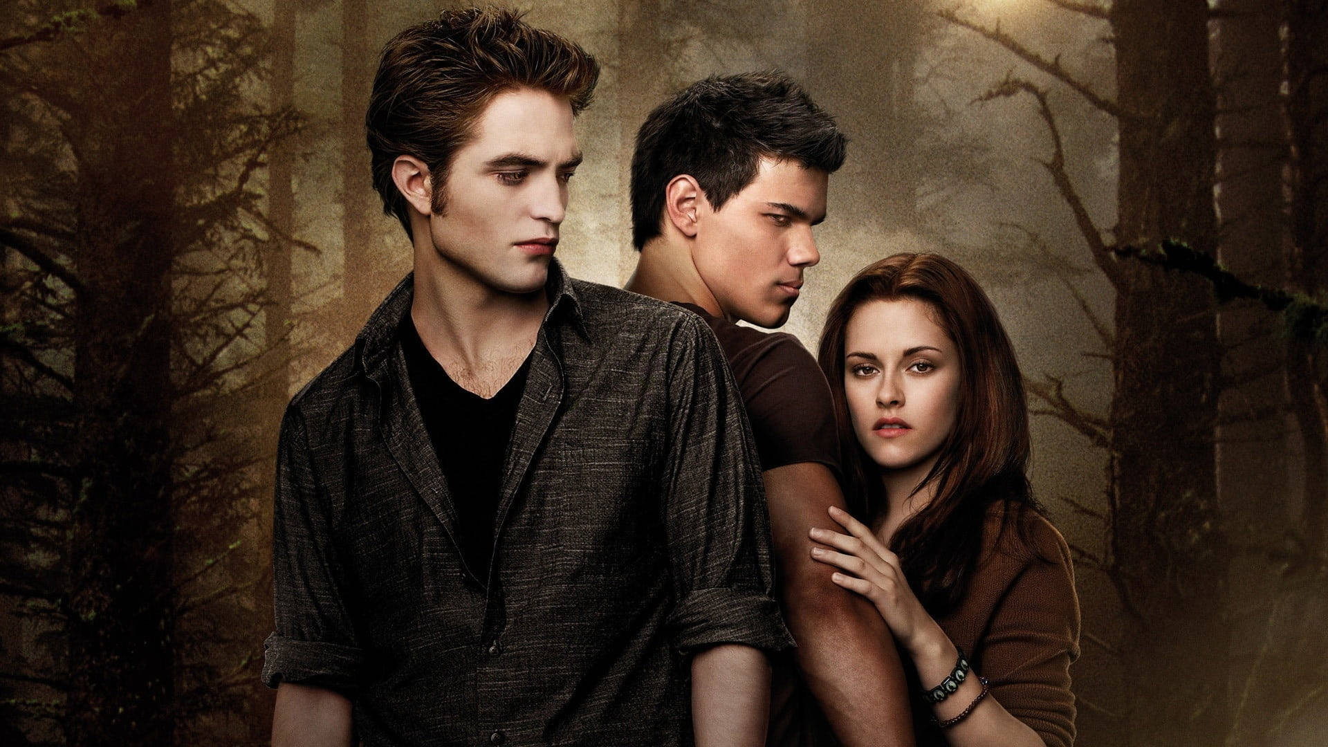 Mesmerizing Trio from The Twilight Saga: New Moon - Bella, Jacob, and Edward Wallpaper