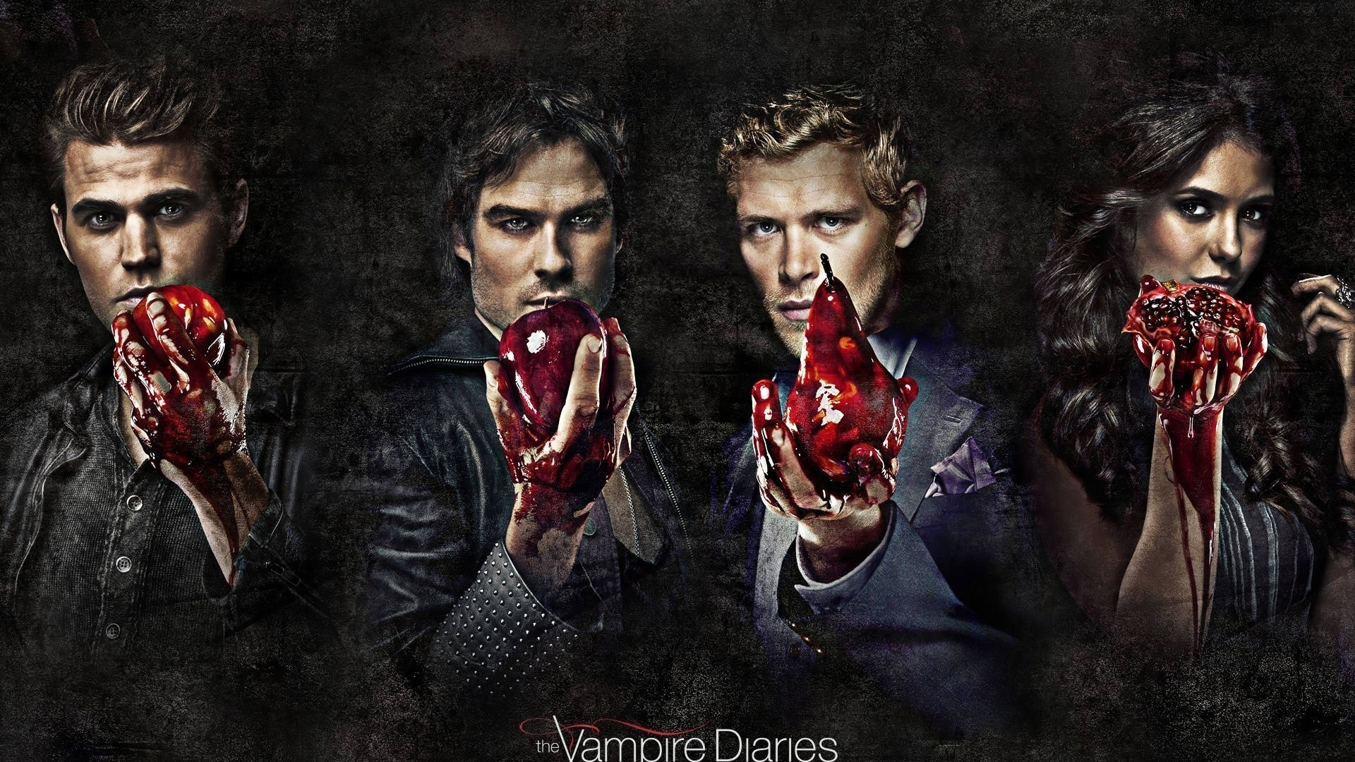 The Vampire Diaries Characters Holding Bloody Fruits Wallpaper