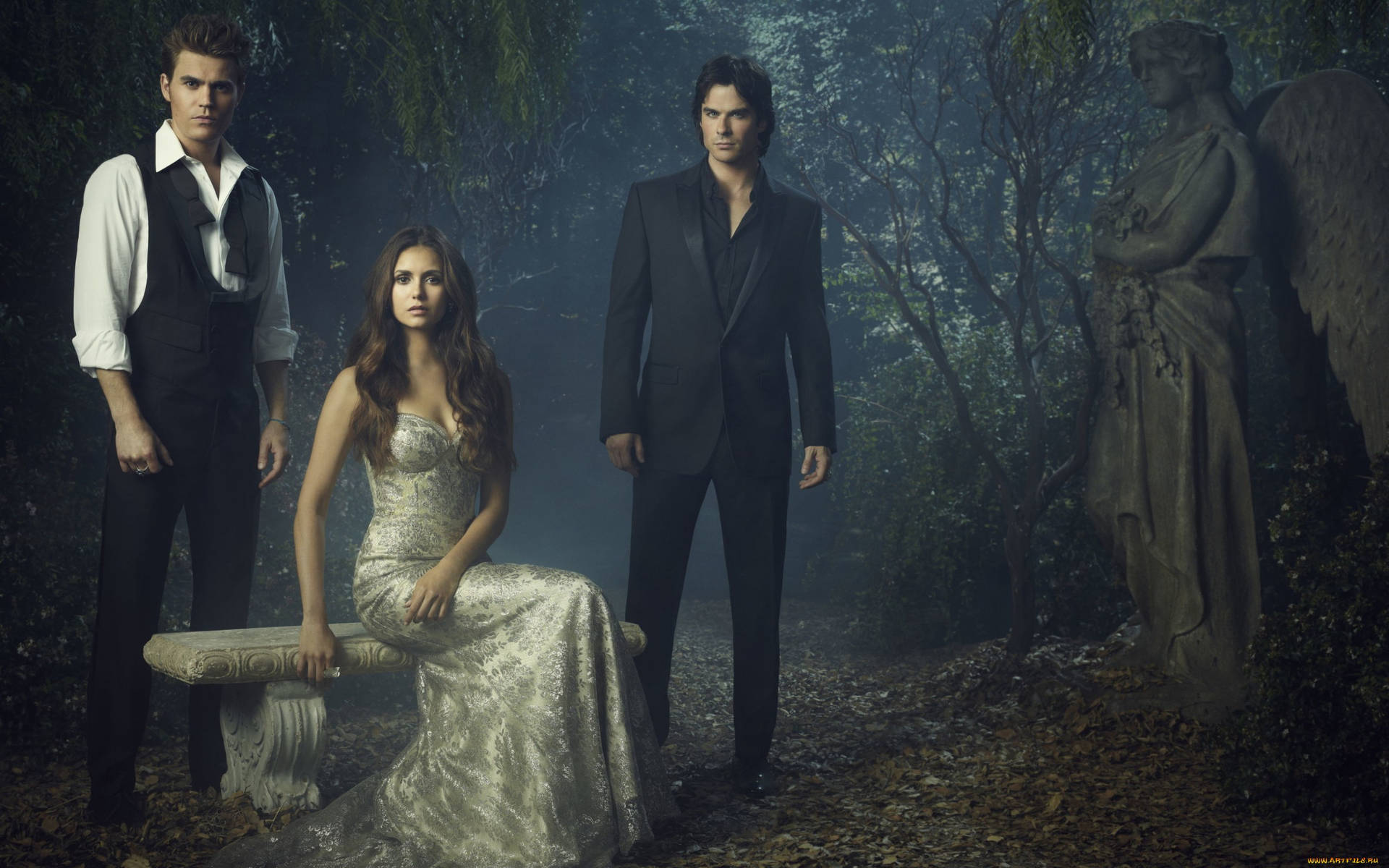 The Vampire Diaries Characters Posing With Angel Statue Wallpaper