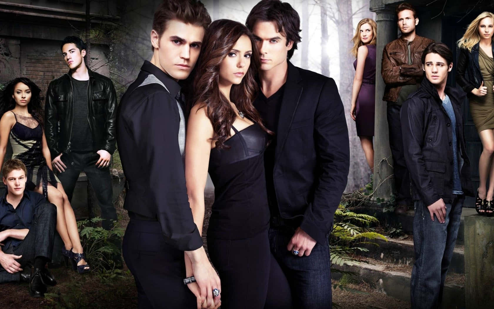The Vampire Diaries Cast In Front Of A Forest Wallpaper