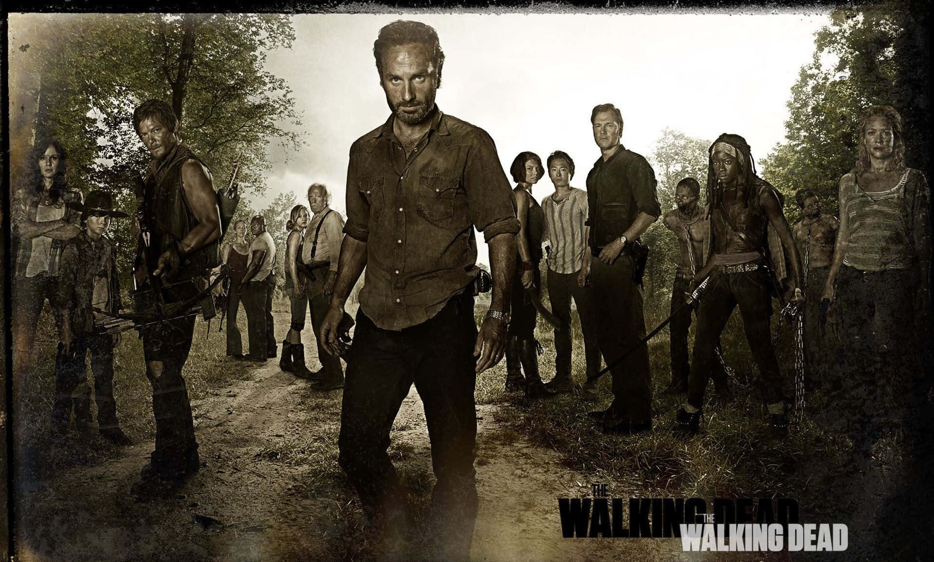 The Walking Dead heroes against a fiery backdrop